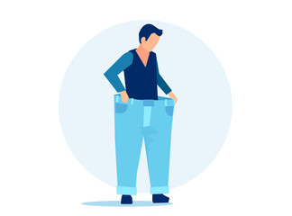 Diet, weight loss concept. Young man trying  her old jeans after successful diet. 