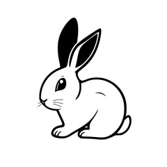 Simple line art of a sitting rabbit, black and white illustration, isolated on white background.