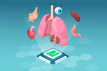 Medical diagnostics using AI technology concept. Modern Innovative health care analysis, isometric design