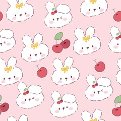 Cute kawaii hand drawn bunny with cherries on a pink background, seamless pattern for kids fabric.