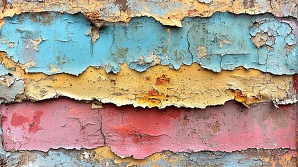 Obraz premium Close-up of weathered, peeling paint in vibrant colors on a rustic surface, showcasing texture