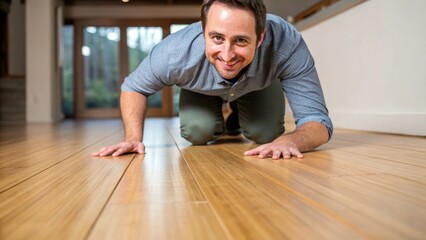 Fototapeta premium A medium closeup of a homeowner inspecting the newly installed bamboo floor smiling as they run their fingers over the surface to appreciate its quality.