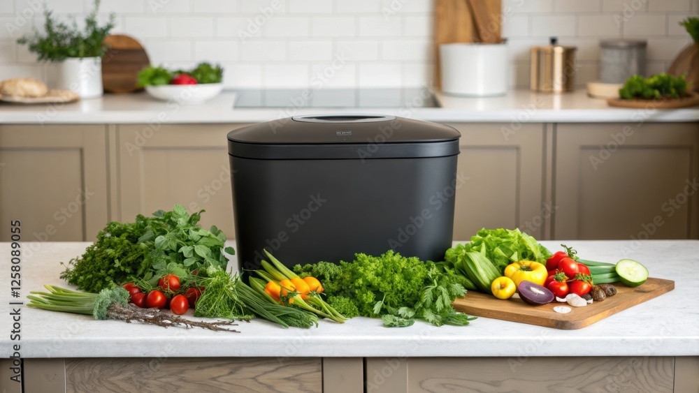 Poster a medium closeup of a kitchen island adorned with an elegant compost bin accented by vibrant herbs a