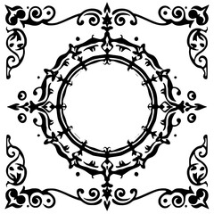 Ornate black and white ornate image of an empty circle in the center, surrounded by intricate designs and corner flourishes, on a white background.