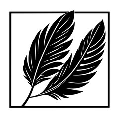 Obraz premium Two stylized feathers, rendered in bold black lines, enclosed within a square frame, contrasted against a white backdrop.