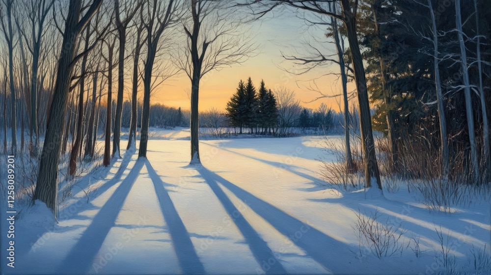 Poster A serene twilight scene, with long tree shadows and a snowy landscape surrounding a frozen lake.
