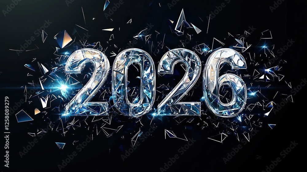 Poster bright and shiny 2026 number with sparkling background and broken glass effect