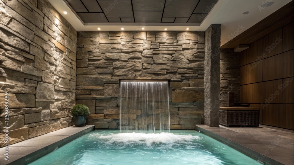 Poster a medium closeup of a luxurious ra featuring a striking stone accent wall with cascading water contr
