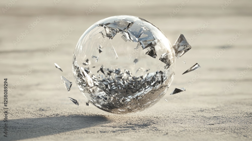 Aufkleber A shattered crystal sphere with floating sharp fragments in mid-air, creating a striking contrast of delicate beauty and sharp edges, set against a soft light grey background.