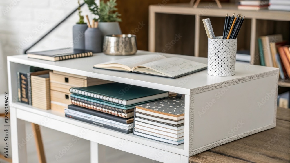 Aufkleber A medium closeup of a modern desk with a builtin underdesk bookshelf filled with neatly stacked notebooks and decorative items providing style and functionality.