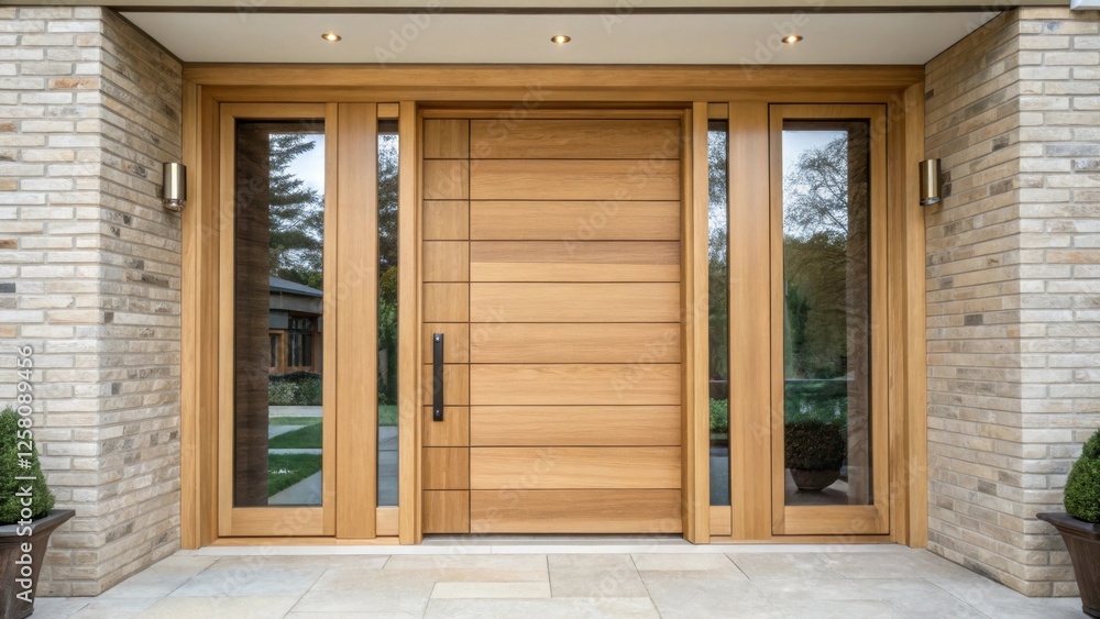 Poster a medium closeup of a modern pivot door made of light oak showcasing its unique horizontal grain fla