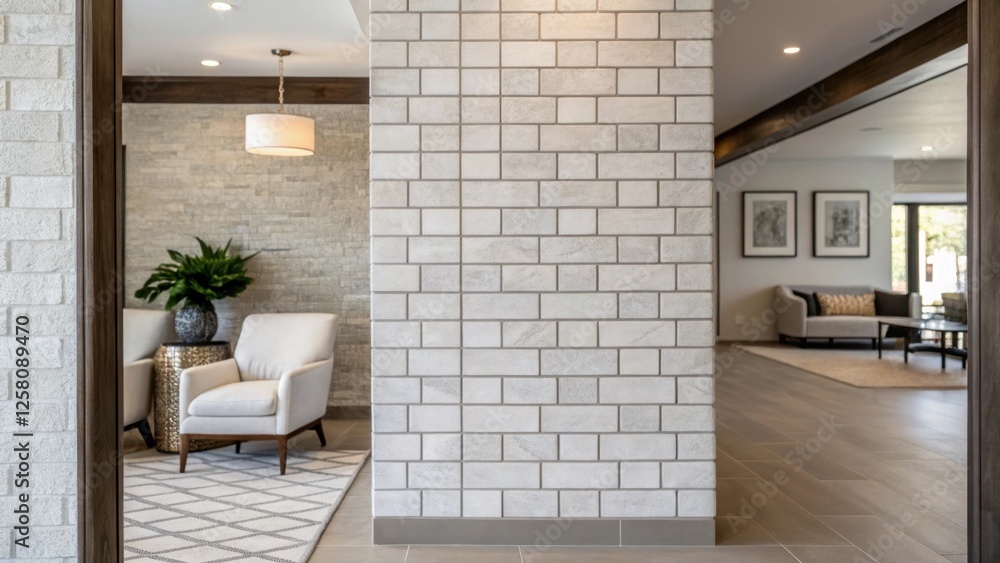 Poster a medium closeup of a monochromatic tile accent wall with a matte finish paired with minimalist furn