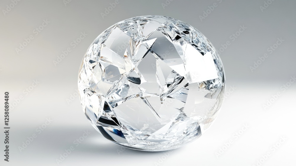 Aufkleber A shattered crystal sphere with sharp fragments floating in mid-air, creating a captivating visual of fragility and elegance against a soft light grey background.