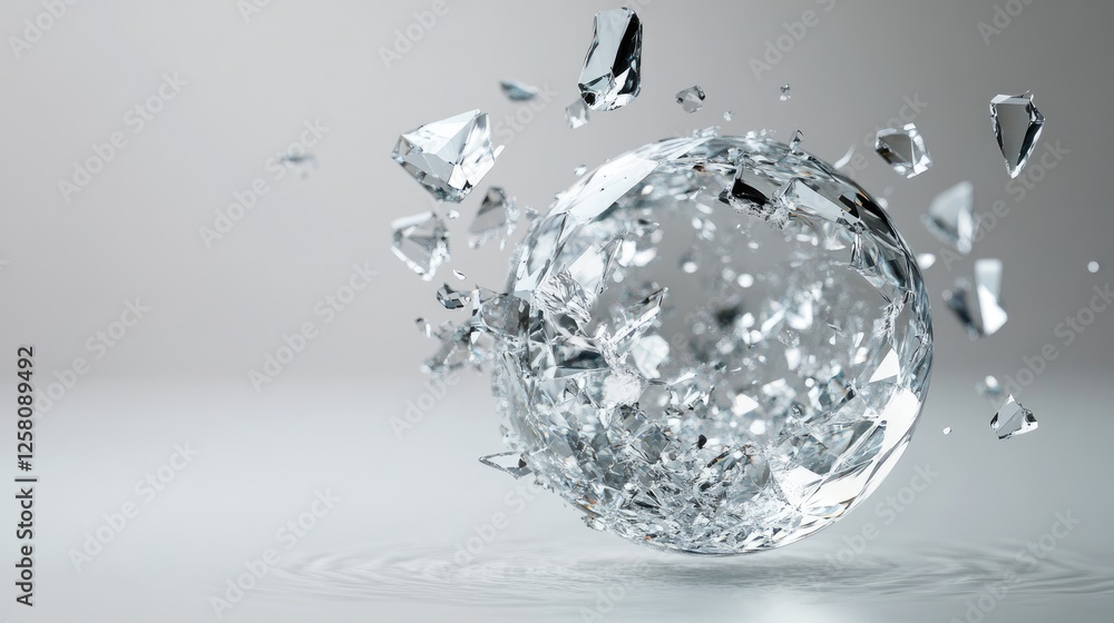 Aufkleber A shattered crystal sphere with floating sharp fragments in mid-air, creating a striking contrast of delicate beauty and sharp edges, set against a soft light grey background.