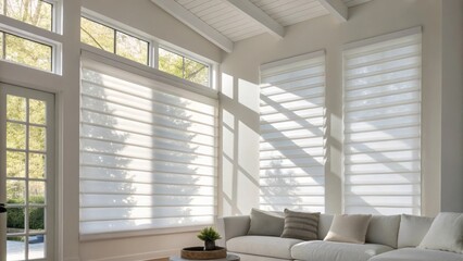 Fototapeta premium A medium closeup of a modern living room featuring sleek white motorized shades with sunlight filtering through and casting soft shadows on the walls.