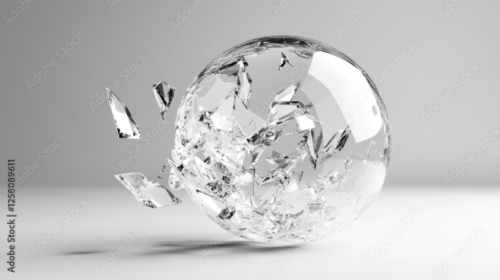 Poster A shattered crystal sphere with sharp fragments floating in mid-air, creating a captivating visual of fragility and elegance against a soft light grey background.