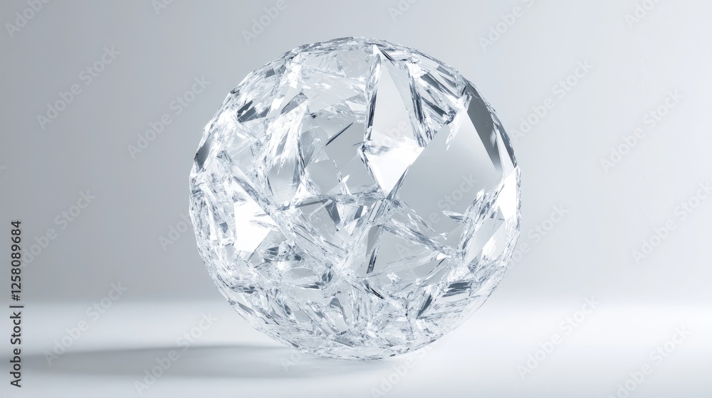 Poster A shattered crystal sphere with sharp fragments floating in mid-air, creating a captivating visual of fragility and elegance against a soft light grey background.