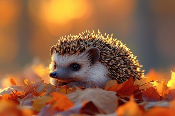 Fototapeta premium Adorable Hedgehog Among Autumn Leaves During Sunset