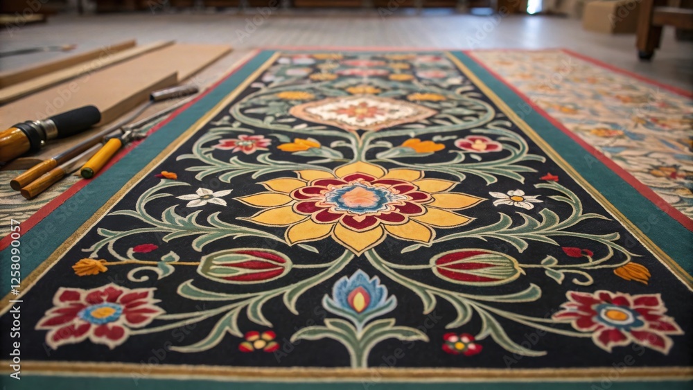 Poster a medium closeup of an intricate floral design on a newly laid rug with tools tered nearby emphasizi