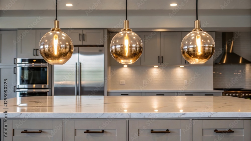 Poster a medium closeup of a of shimmering pendant lights hanging over a newly installed quartz countertop 