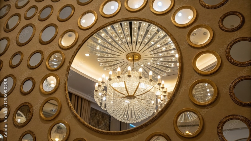 Poster A medium closeup of a of small circular mirrors on a wall designed to reflect light from a central chandelier creating an artistic and bright focal point.