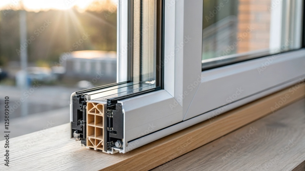 Poster A medium closeup of a partially installed window frame showcasing sleek modern design elements and the insulating materials used. The sunlight streams in highlighting the windows