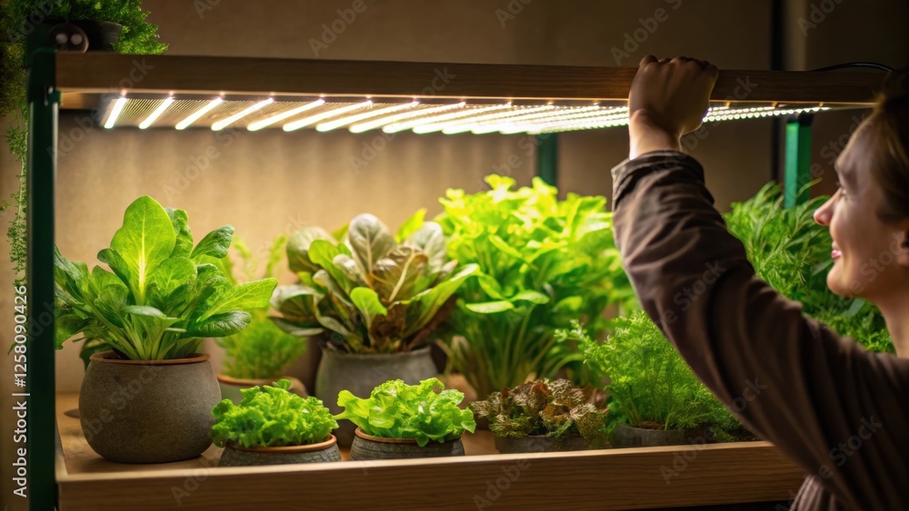 Poster A medium closeup of a person adjusting a grow light with rays illuminating a variety of leafy greens in rustic planters creating a serene gardening atmosphere.