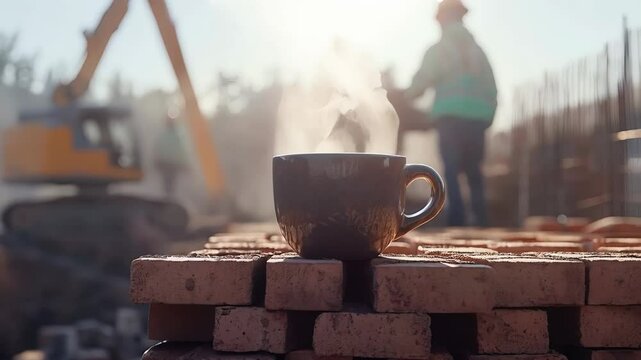 Warm steam rising from coffee cup resting on stacked bricks amid bustling construction site, machinery and workers populating busy industrial background