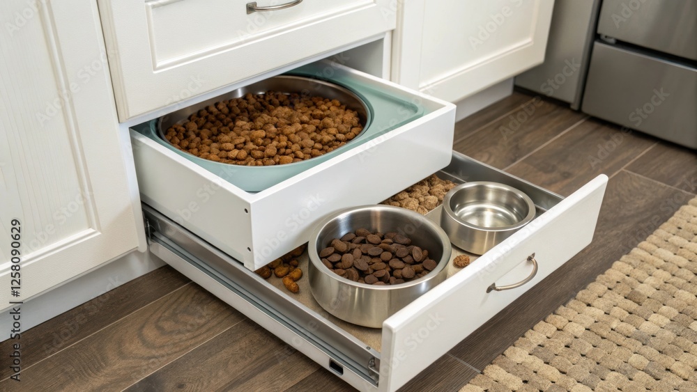 Poster A medium closeup of a pet station with a sliding drawer that holds dry food revealing a clever design that maximizes space while keeping the area tidy and accessible.