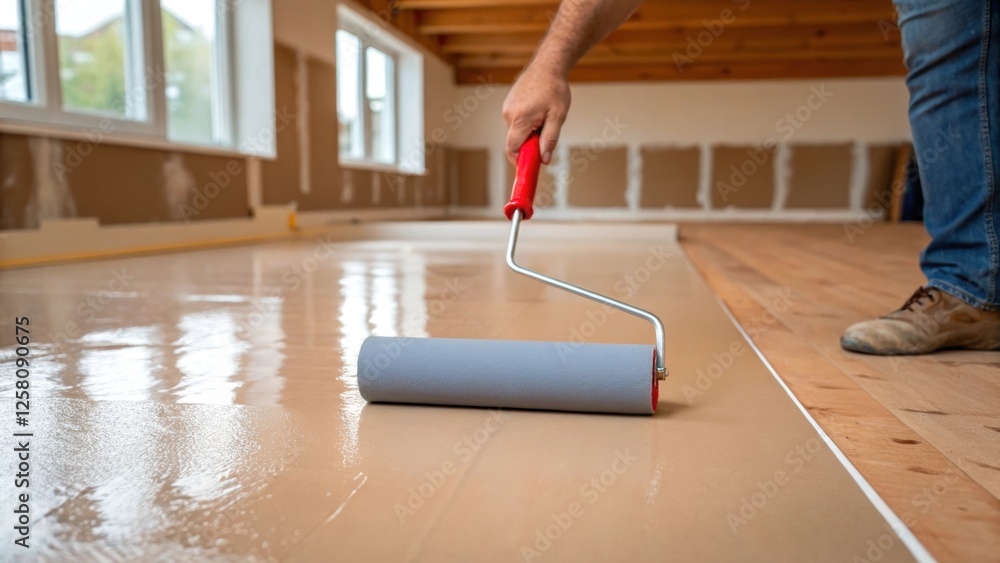 Poster a medium closeup of a person using a roller to smooth out new flooring adhesive capturing the care t