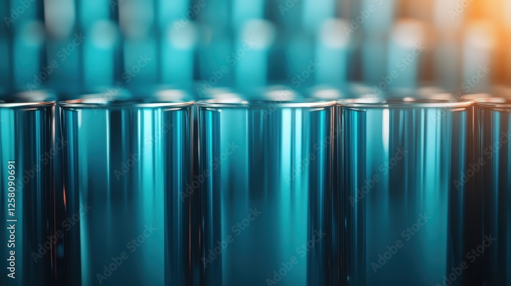 Poster an artistic view showcasing rows of reflective steel cans, creating an intriguing visual effect with