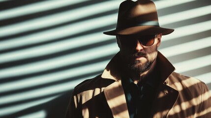 Obraz premium This captivating image features a man wearing sunglasses and a hat, portrayed in dramatic lighting with strong shadows, evoking an air of mystery and intrigue.