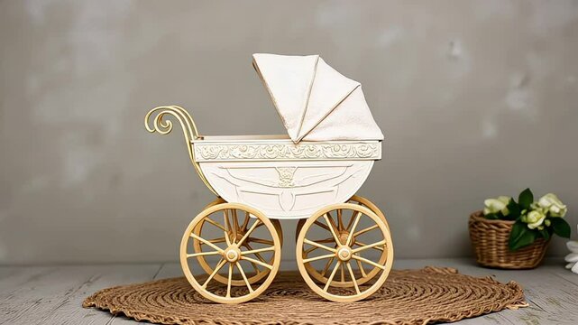 vitange baby carriage in a old background for children's photo session