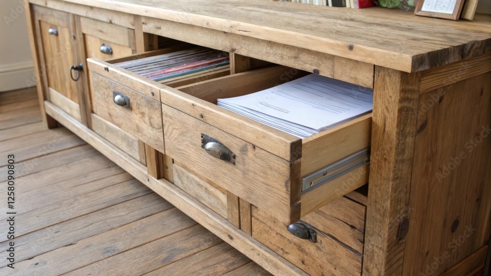 Poster A medium closeup of a reclaimed wood underdesk unit exuding rustic charm while showcasing a hidden compartment for confidential documents merging style with practicality.