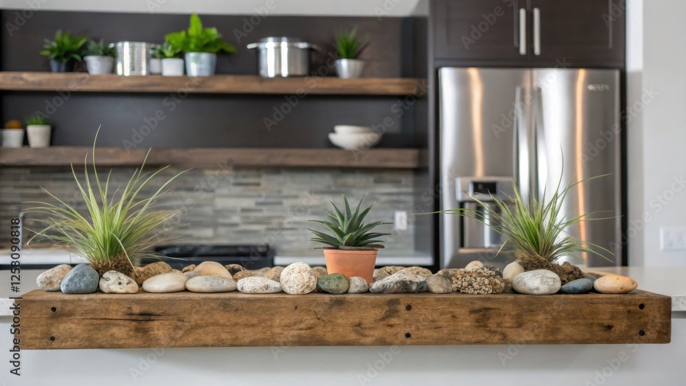 Aufkleber a medium closeup of a reclaimed wood shelf adorned with air plants and decorative stones highlightin