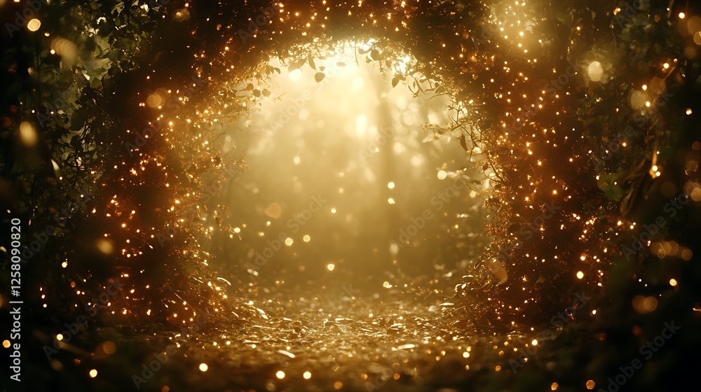 Poster enchanted forest pathway glimmering with golden light sparkles creating a magical atmosphere