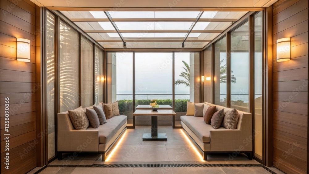 Poster a medium closeup of a serene lounge area featuring a glass partition that creates a cozy nook withou