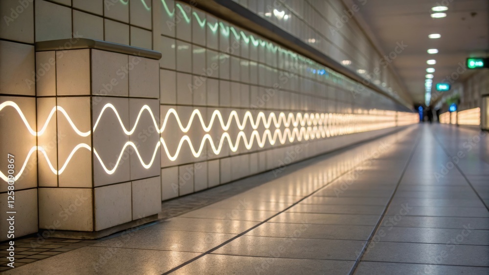 Poster A medium closeup of a row of lightup tiles featuring a wavelike pattern with the lights pulsing gently adding a sense of rhythm and motion to the otherwise static hallway.