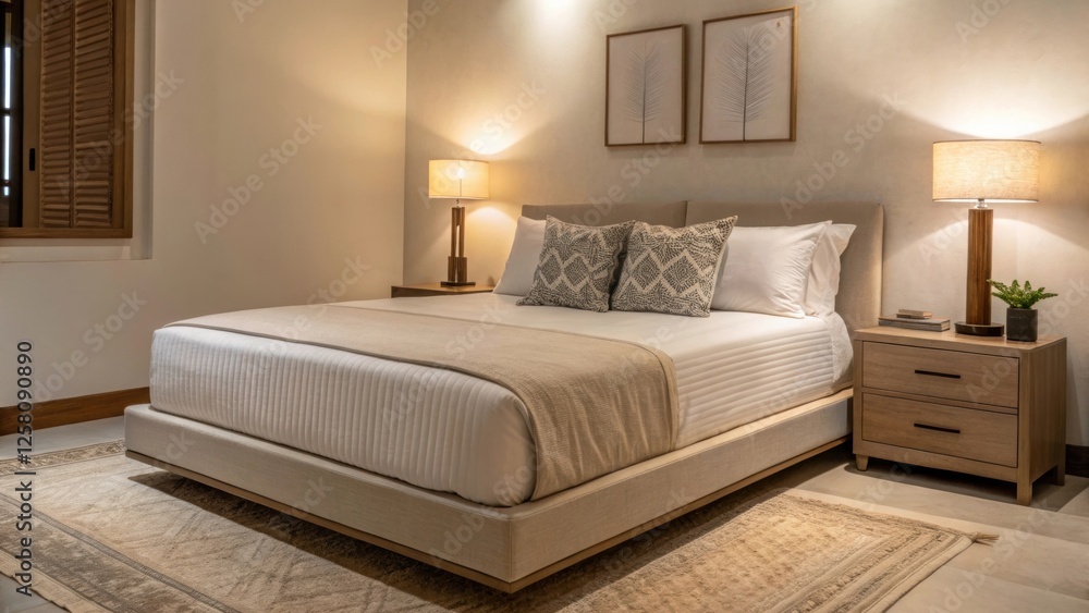 Poster a medium closeup of a serene bedroom corner featuring a lowprofile bed with a neutral color palette 