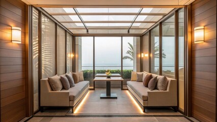 Naklejka premium A medium closeup of a serene lounge area featuring a glass partition that creates a cozy nook without closing off the space illuminated by natural light streaming through the