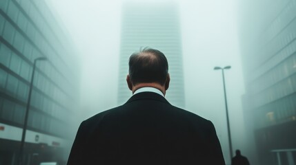 A businessman in a suit stands against a foggy city backdrop, symbolizing the disorientation and uncertainty often found in modern urban life.