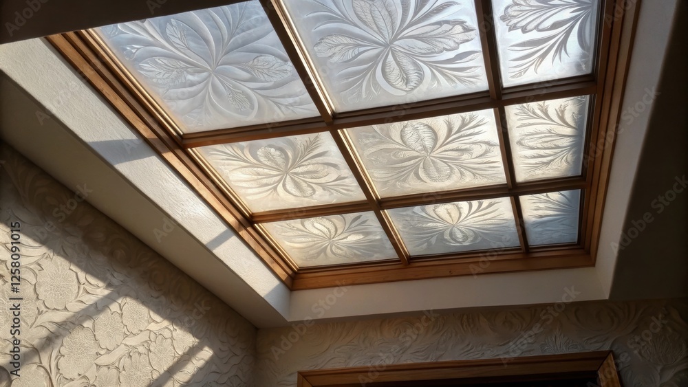 Aufkleber A medium closeup of a skylight featuring a frosted glass design with sunlight filtering through and casting soft shadows on the wall creating patterns of light and shade.