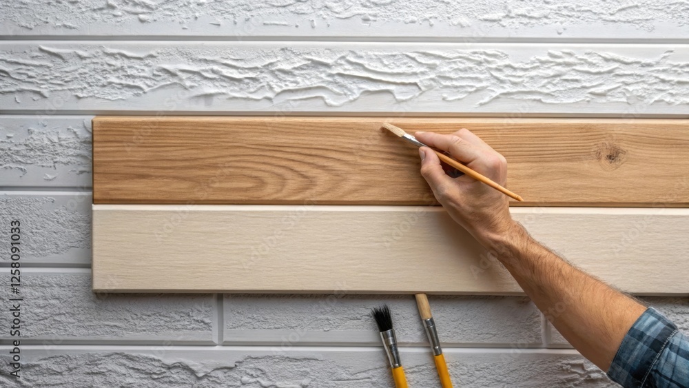 Poster a medium closeup of a skilled hand expertly aligning a shiplap board against a textured wall with gr
