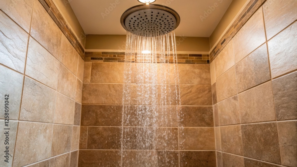 Poster a medium closeup of a serene shower nook showcasing soft lighting and a ra colliding gently with wat
