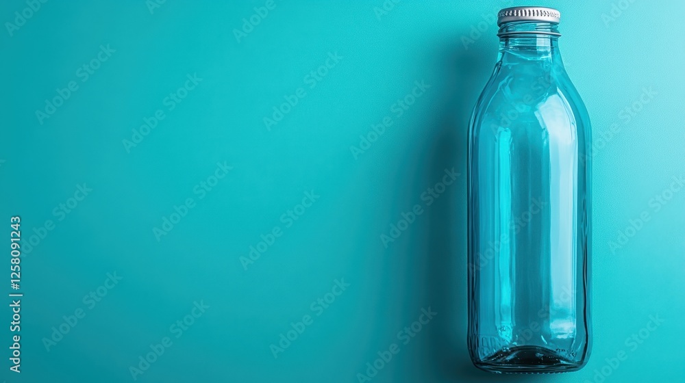 Poster this image features a stylish clear bottle resting on a soft blue surface, emphasizing its elegant d