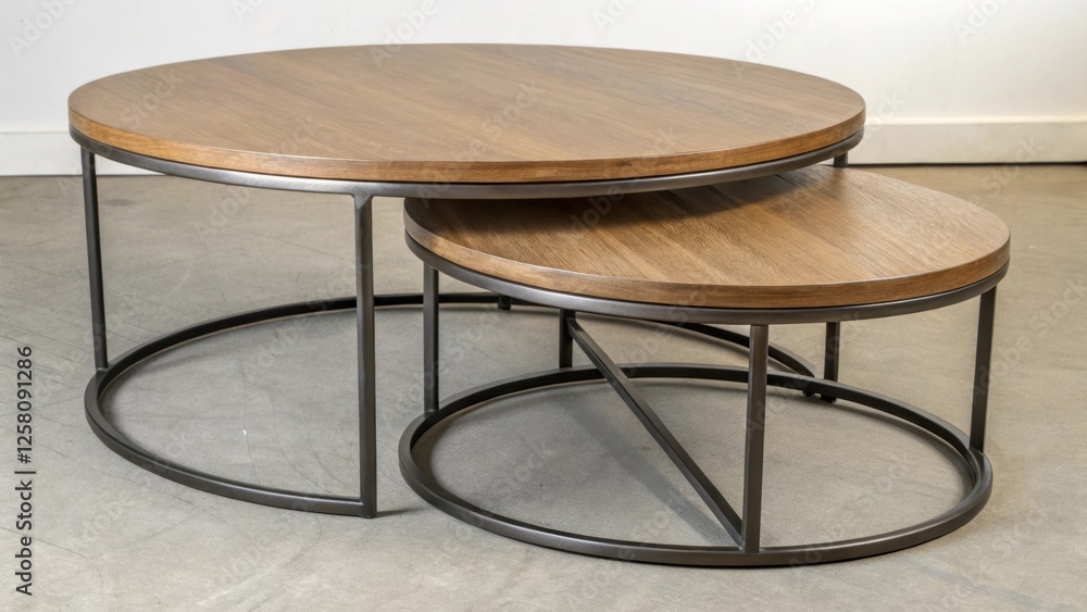 Poster A medium closeup of a stackable modular coffee table system featuring round wooden tops with a sleek metal base designed for easy rearrangement in a compact space.
