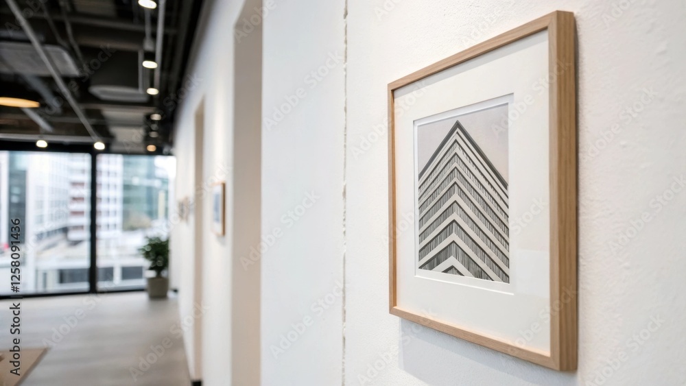 Aufkleber A medium closeup of a stark white wall adorned with a single framed abstract print emphasizing negative space and clean lines in the lofts aesthetic.