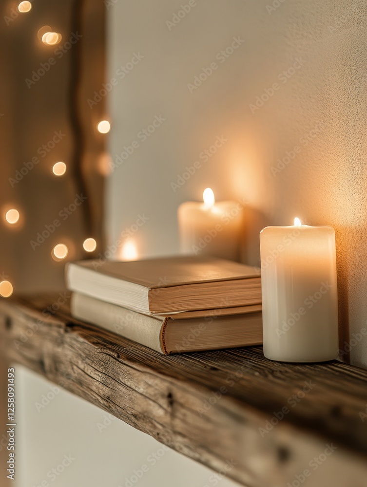 Poster warm ambiance created by candles and a stack of books on a rustic wooden shelf in a cozy space. gene