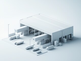 Modern Distribution Center with Delivery Trucks and Storage Facilities in Minimalist Style