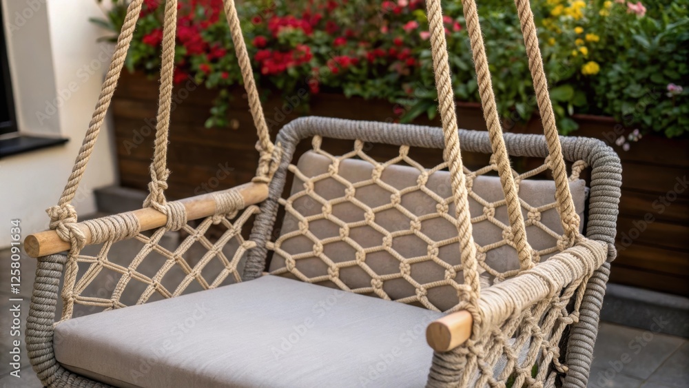 Poster A medium closeup of a swing chairs intricate rope suspension showcasing its blend of modern and rustic elements against a backdrop of flowering plants.